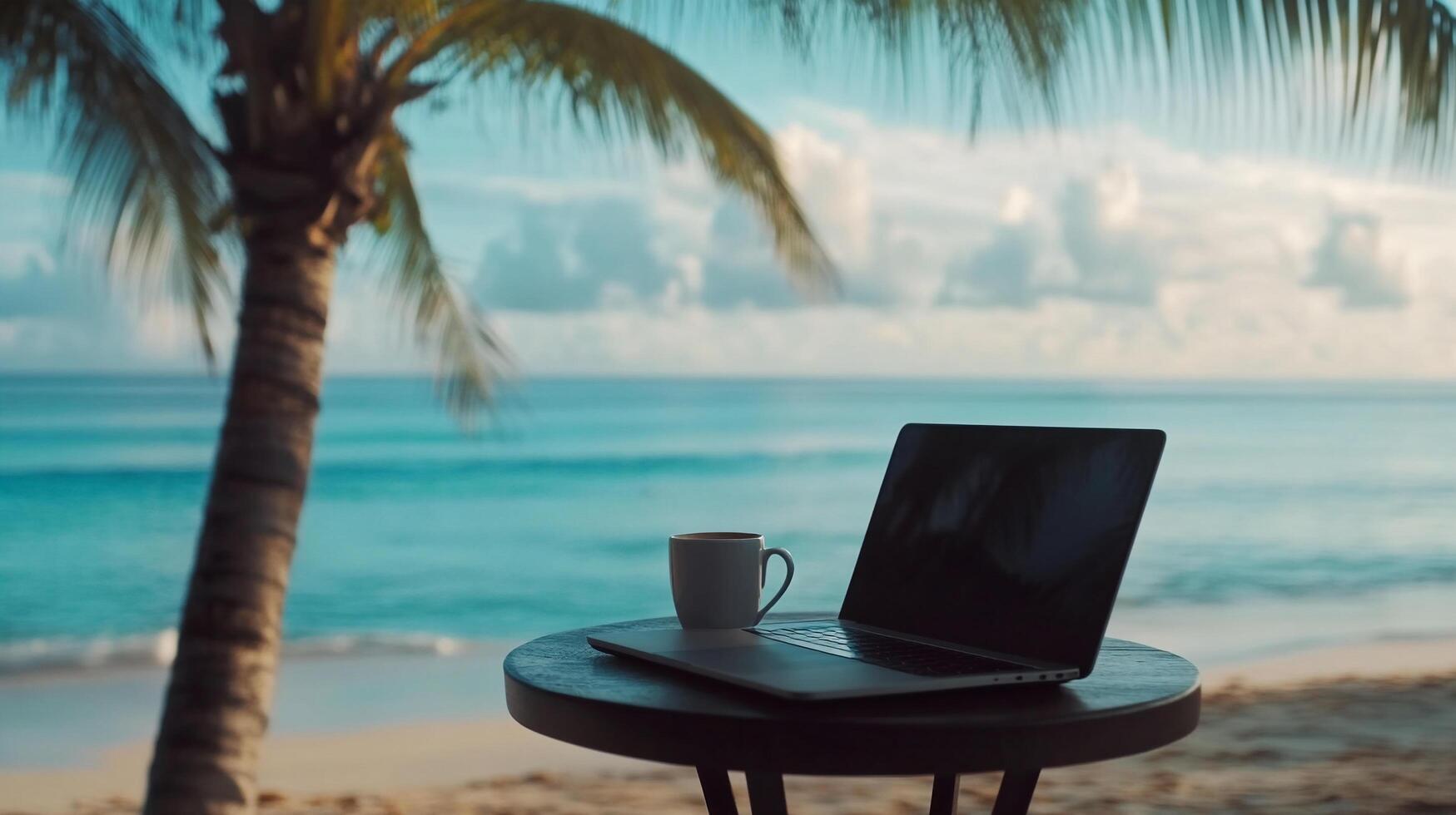 Remote Work Setup with Laptop and Coffee Mug on a Tropical Island photo