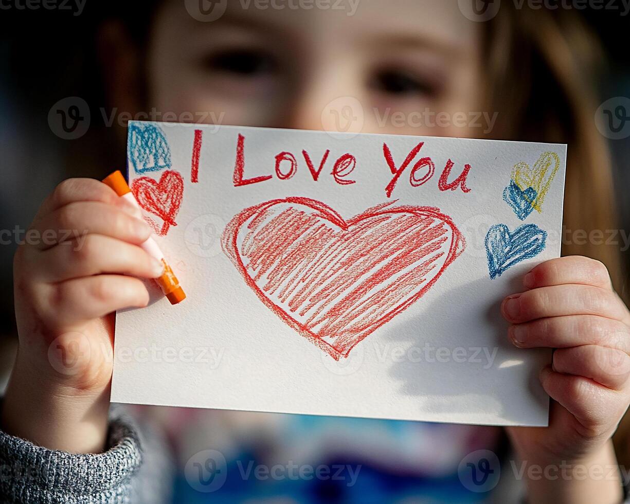 Little Girl Holding a Painting with Heart and I Love You Mom Message photo