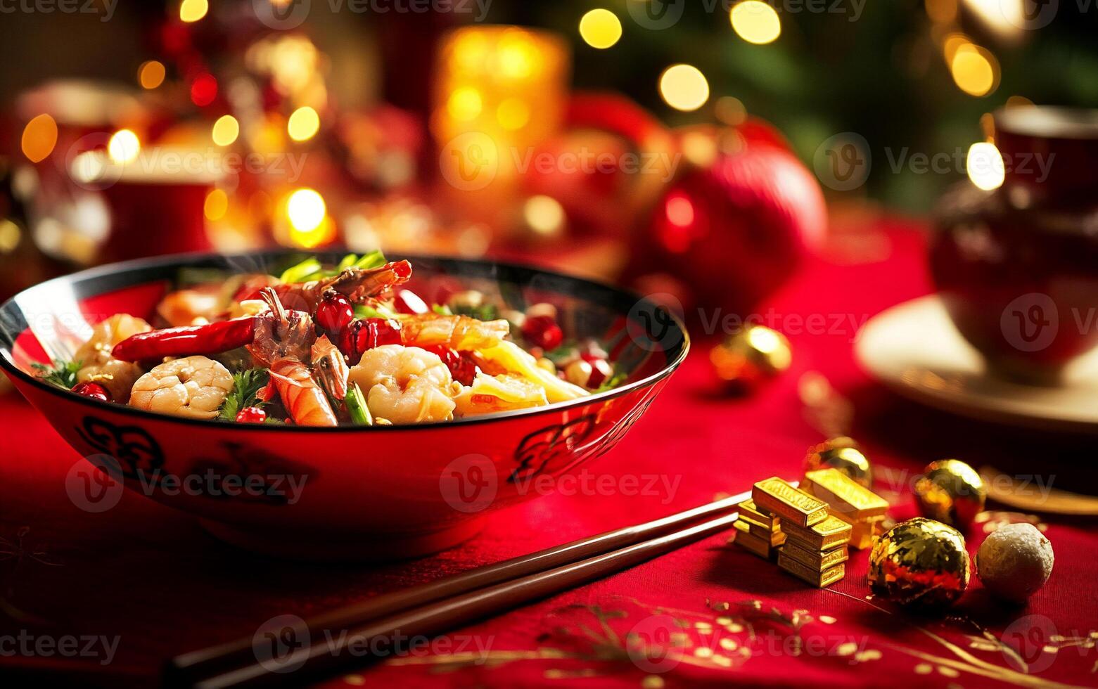 Festive Dinner Table with Asian Foods on Red Table cloth photo