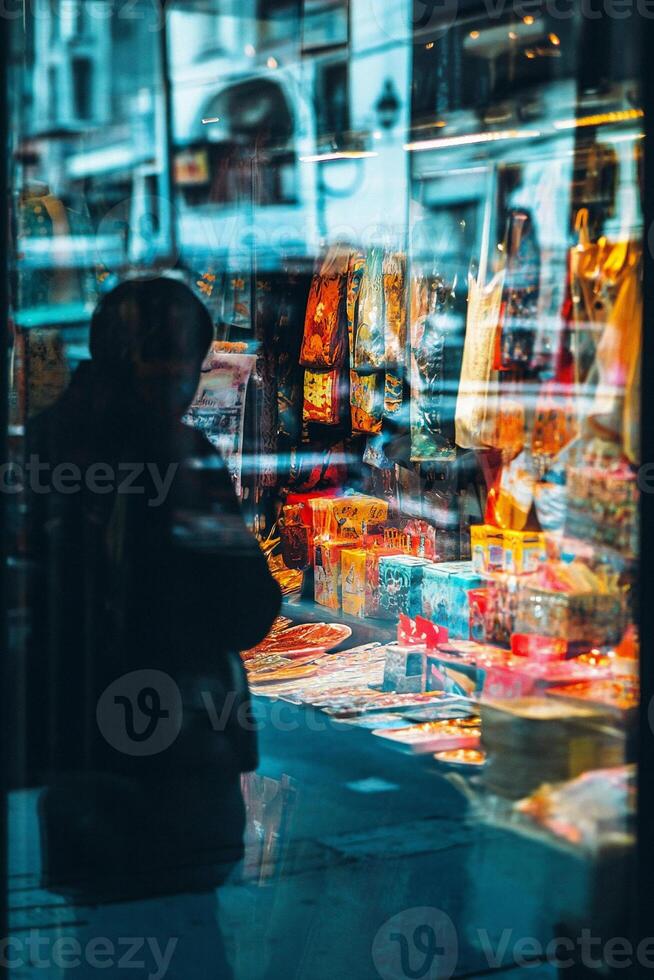 Silhouette of Person Shopping in Traditional Glass Storefront photo