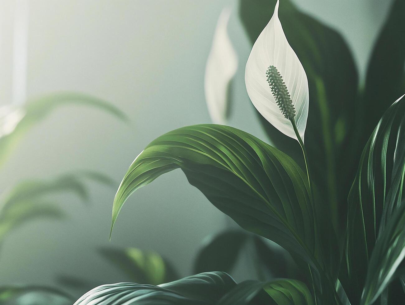 Close-Up of Elegant White Peace Lily Showcasing Its Delicate and Serene Beauty photo