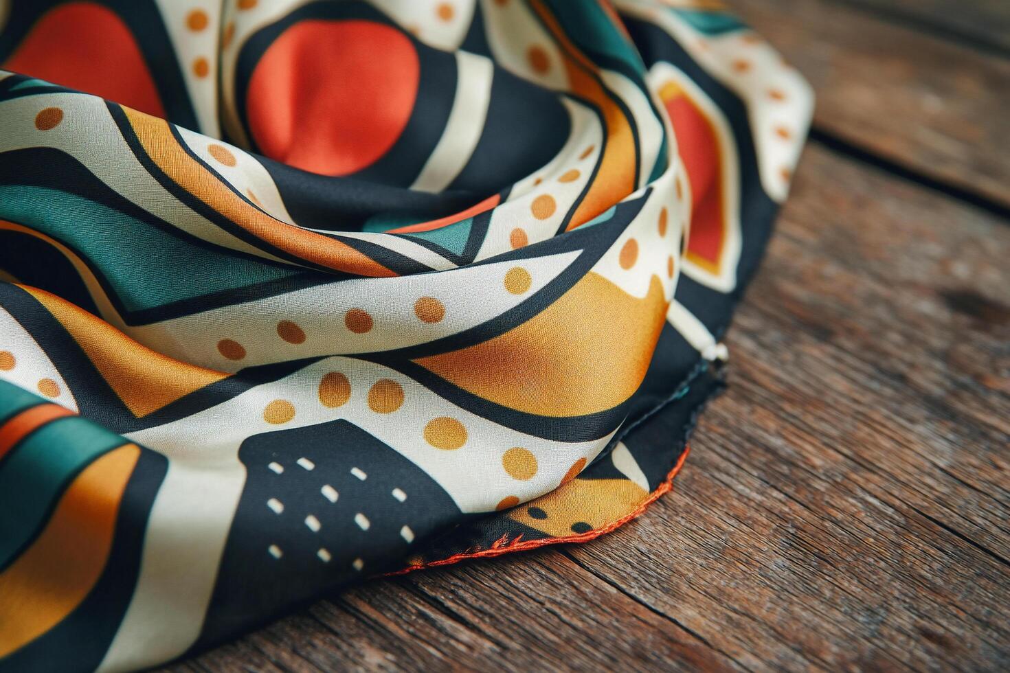 Close-Up of Colorful Silk Scarf Highlighting Luxurious Texture and Vibrant Design photo