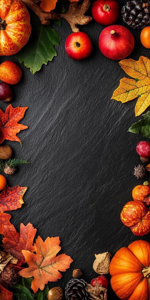 Harvest Festival Fruits on Dark Background with Central Space for Creative Use photo