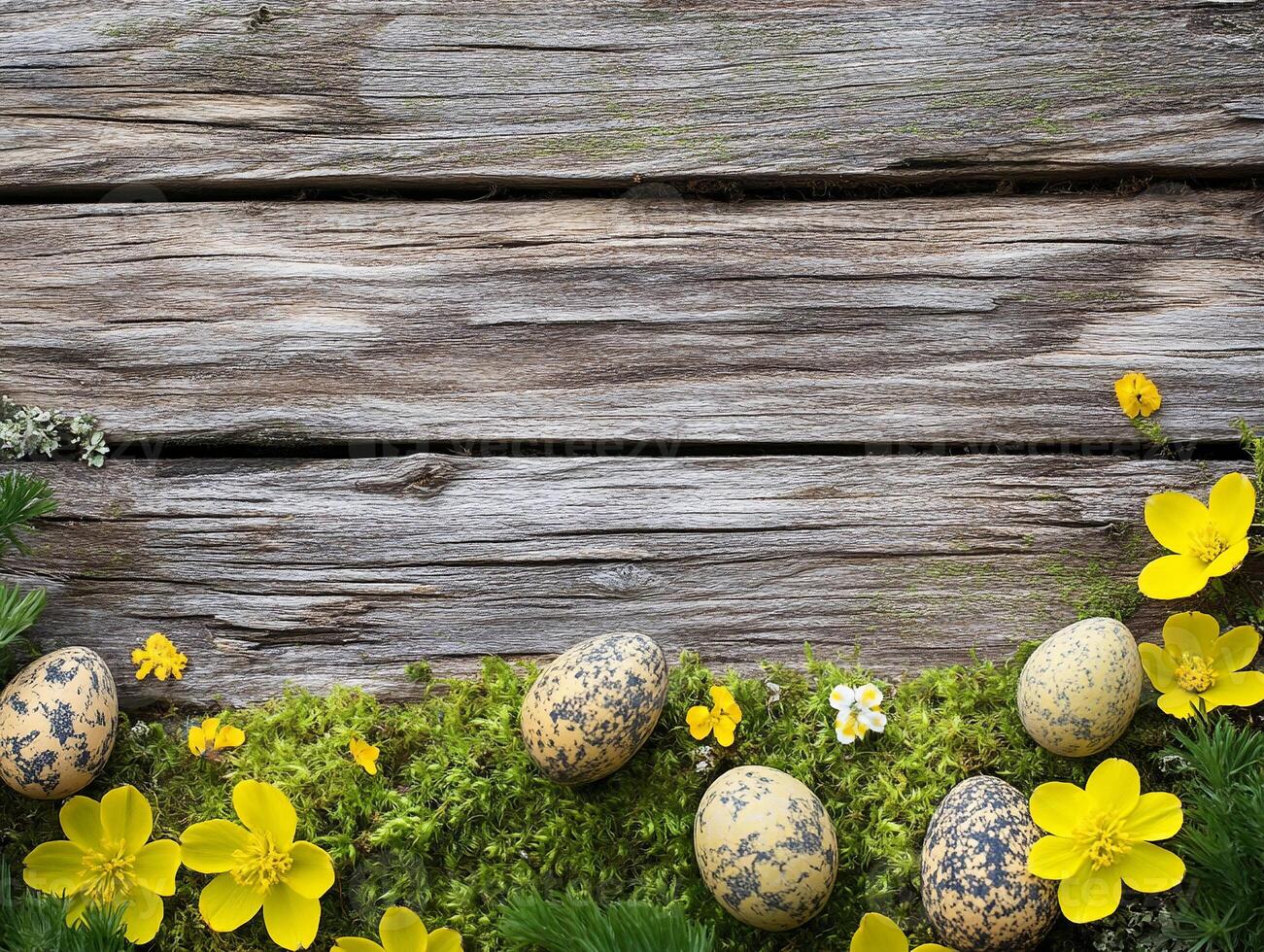 Grass Border and Colored Easter Eggs on Dark Wooden Background Frame photo