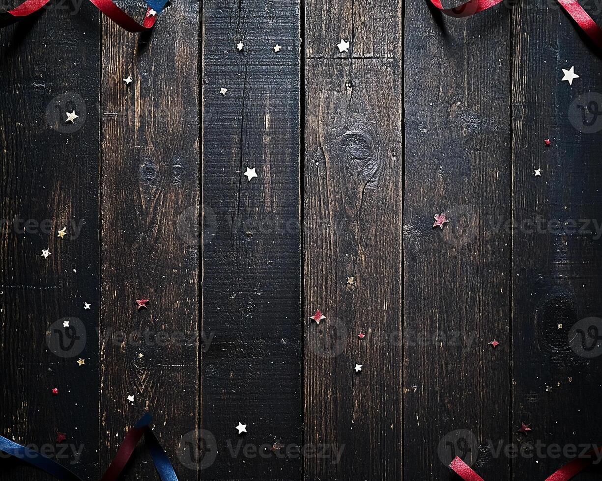 Rustic Wooden Background with Red and Blue Ribbons Border photo