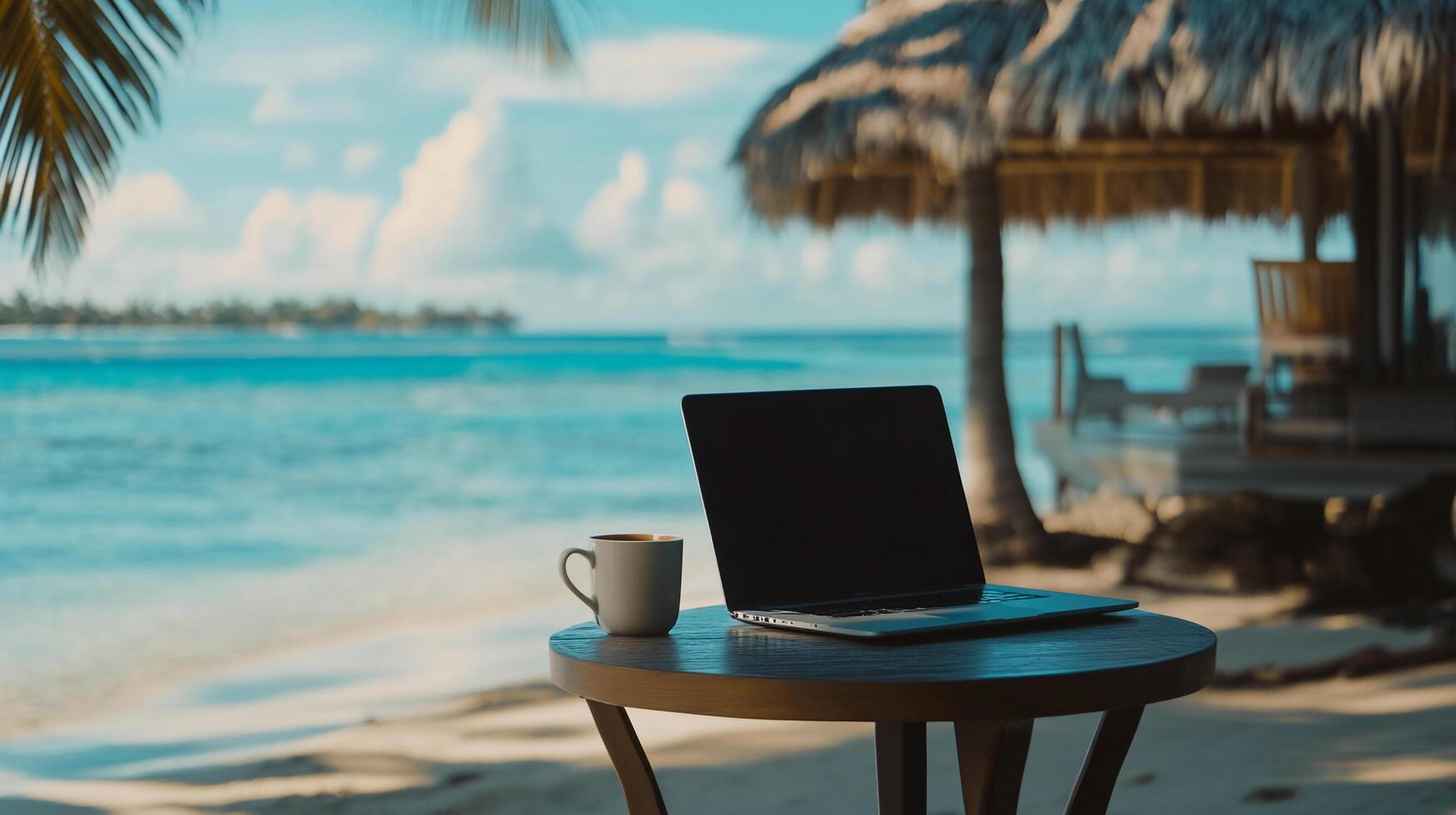Remote Work Setup with Laptop and Coffee Mug on a Tropical Island photo