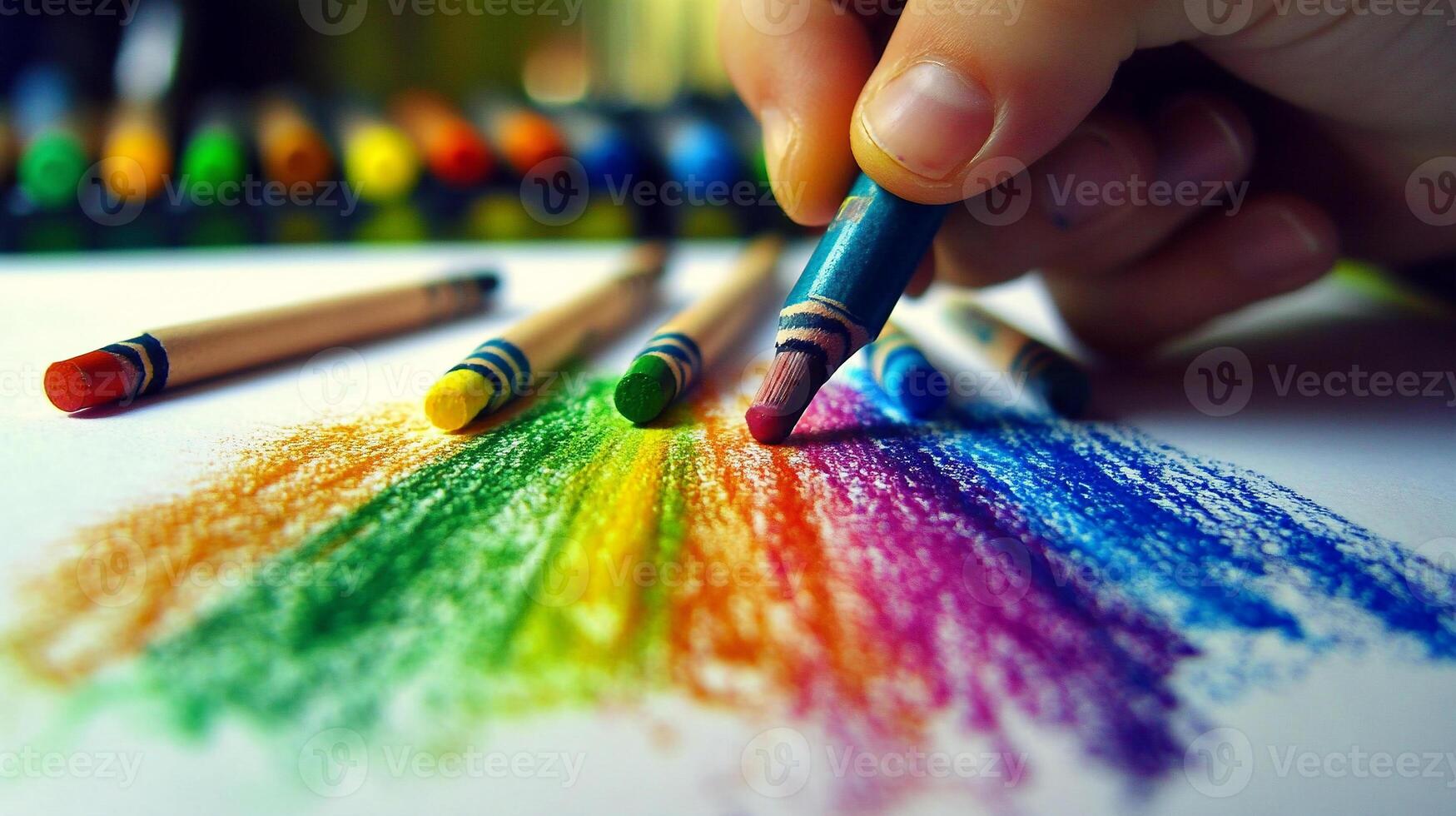 Close Up of Child's Hands Drawing with Crayons photo