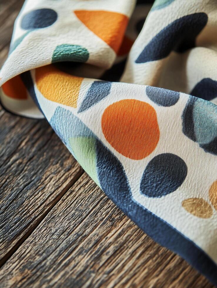 Close-Up of Colorful Silk Scarf Highlighting Luxurious Texture and Vibrant Design photo