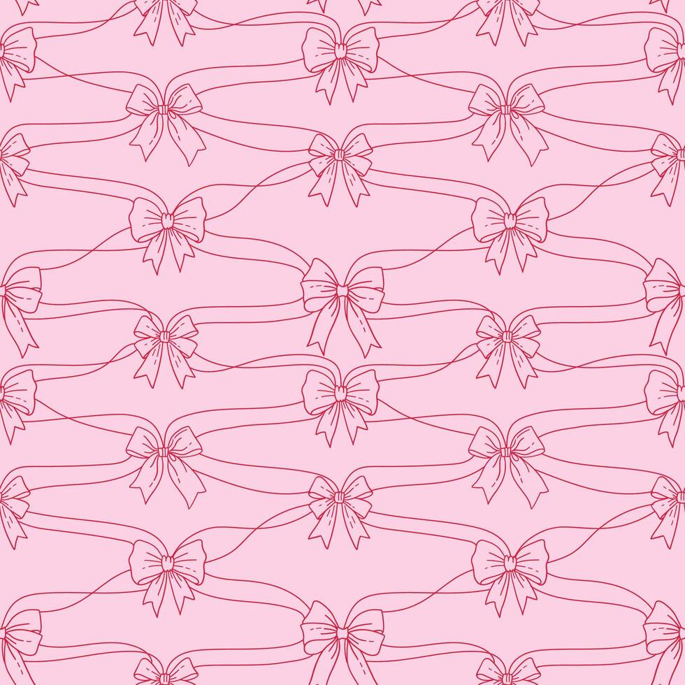 Girly seamless checkered pattern with coquette bows and ribbons. Composition with vintage bowknots and silk ribbons. Pink linear illustration. vector