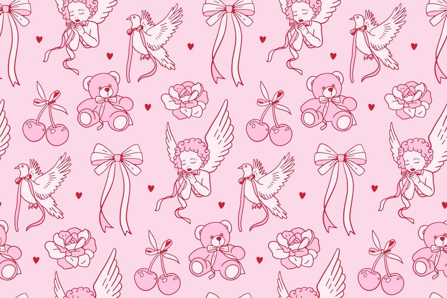 Coquettish Valentine seamless pattern with hand drawn Cherries , teddy, dove and cupid with pink bows, hearts and flowers. Vintage design for wrapping paper and fabric vector