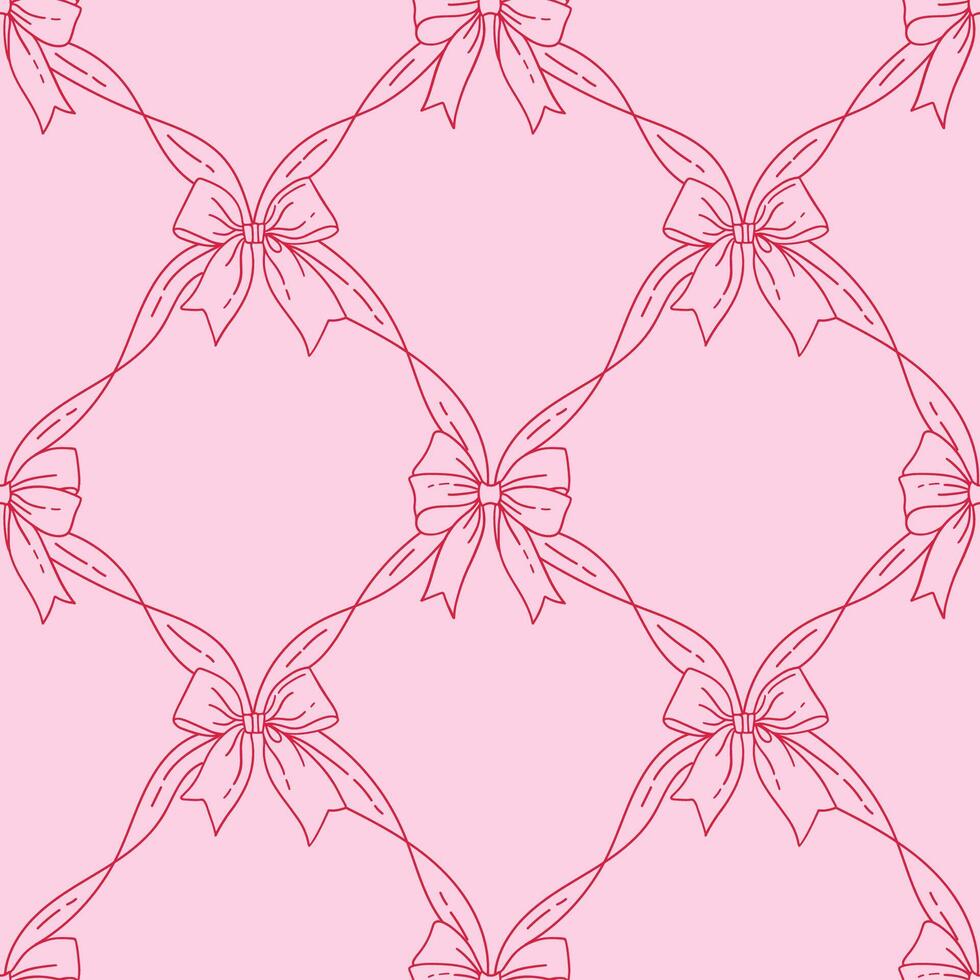 Seamless pattern with linear hand drawn satin bow knots. Repeated pattern design for Valentine s day, birthdays, weddings, wrapping paper. illustration of coquette vintage narrow ribbon bows. vector