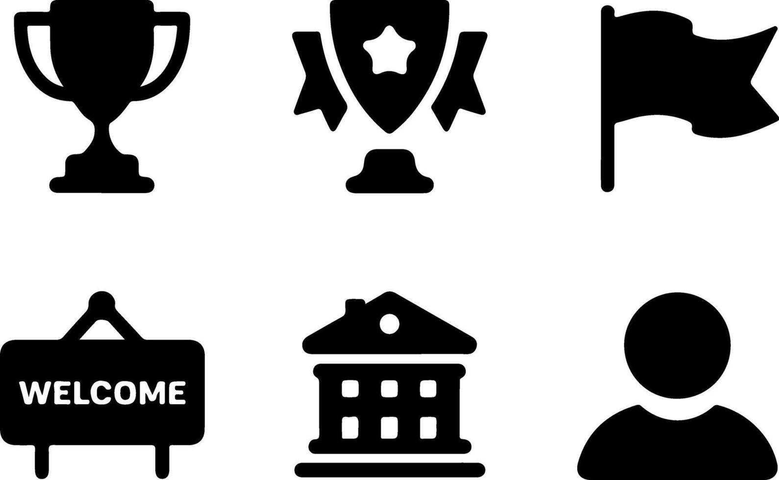 achievement symbols, trophy, shield, flag, welcome sign, building facade, user profile, simple shapes, flat design, Minimalist icons, black and white, vector