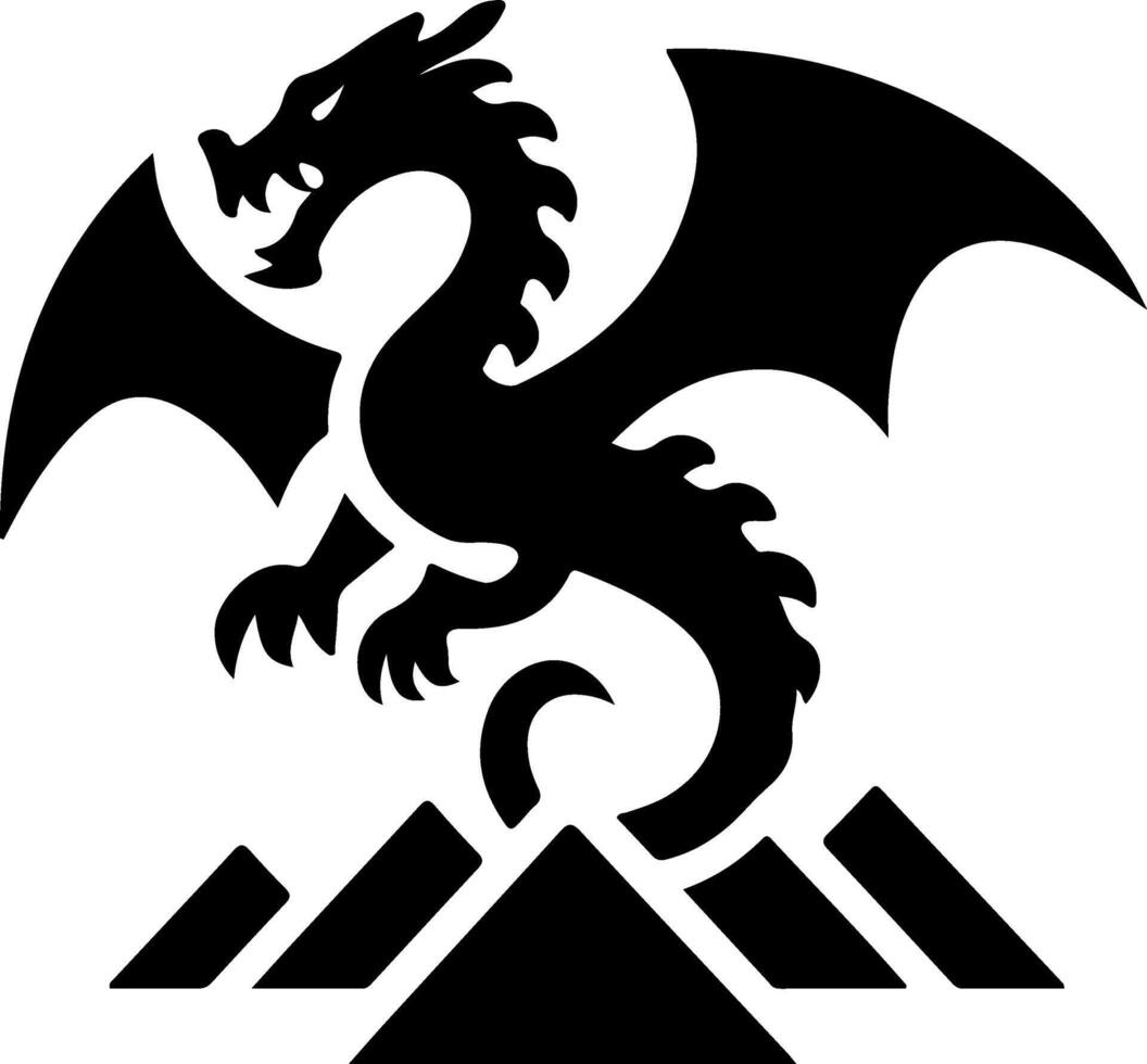 Black silhouette, dragon logo, stylized dragon, geometric mountains, mythical creature, fantasy design, minimalist artwork, vector