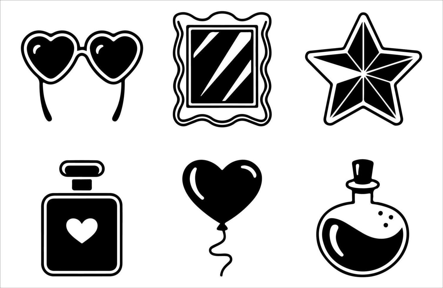 balloon icon, weight scale icon, photo frame icon, minimalist design, Black and white icons, simple shapes, heart symbols, star shape, flat silhouettes vector