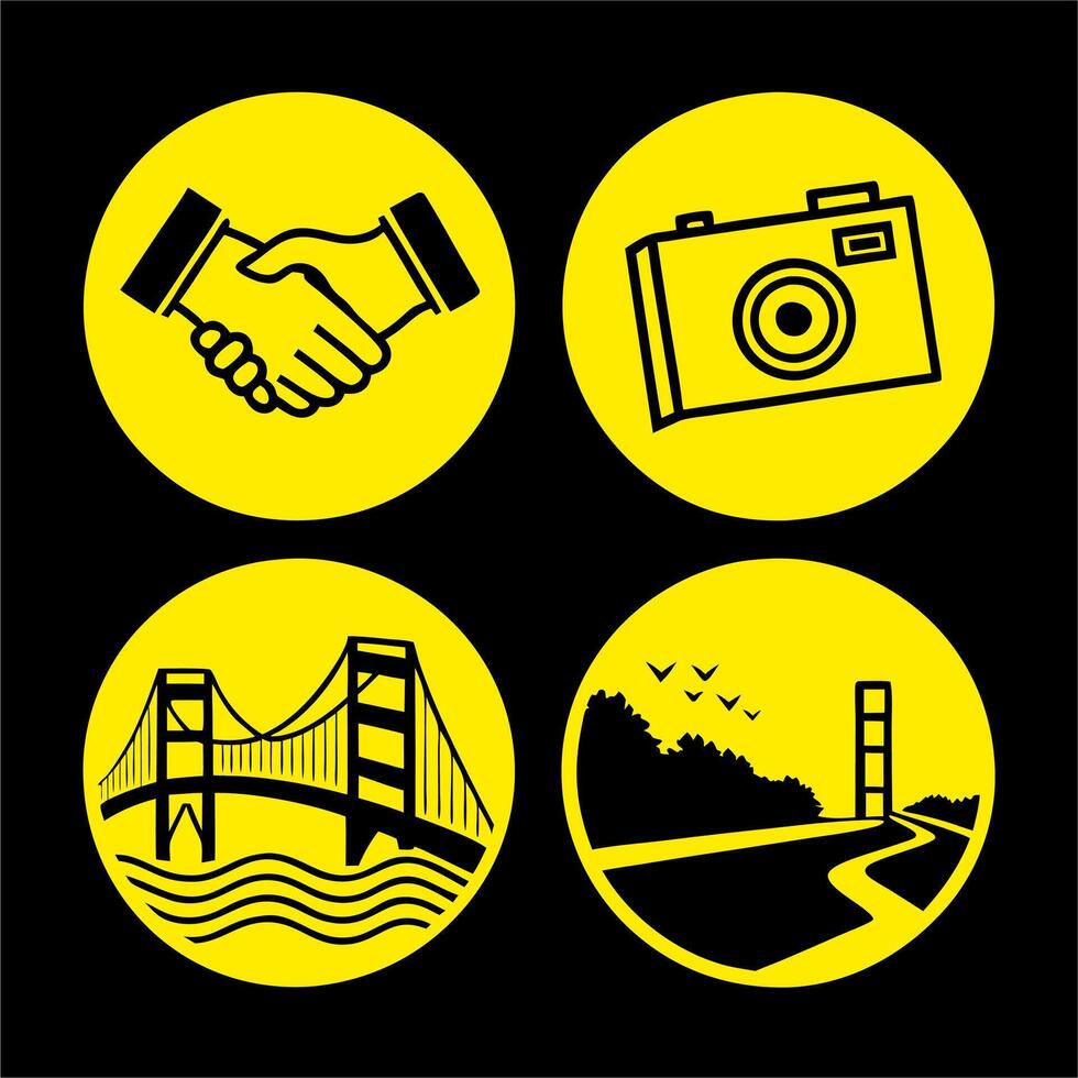 camera icon, Golden Gate Bridge illustration, scenic road with bridge silhouette, minimalist design, high contrast, Yellow circular icons, black background, handshake symbol vector