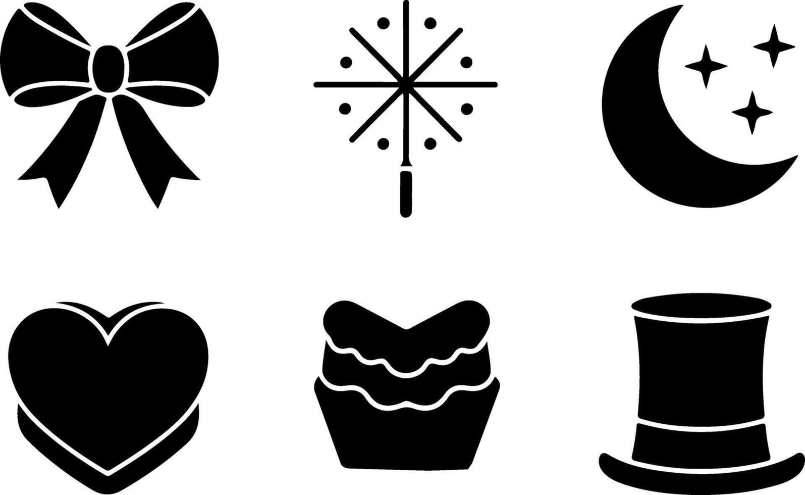 bow ribbon, sparkler firework, cresshape, cupcake dessert, top hat, minimalist design, clean icons, Black and white icons, simple silhouettes, festive symbols vector