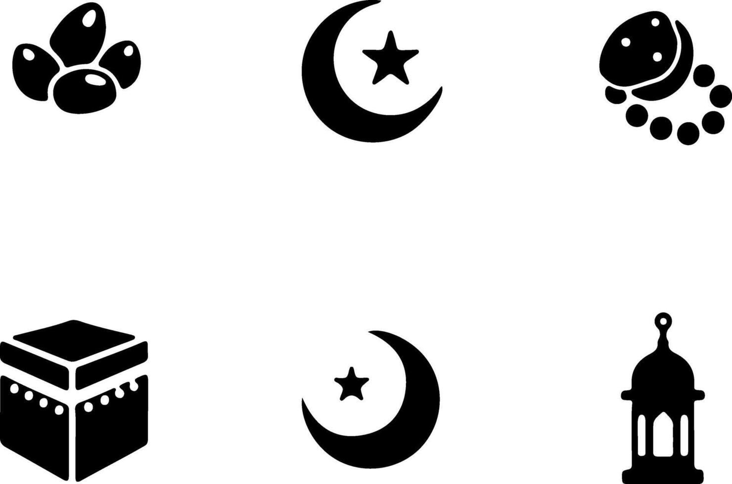 Islamic symbols, black and white icons, crescent moon, prayer beads, Kaaba, lantern, celestial motifs, minimalist design, vector