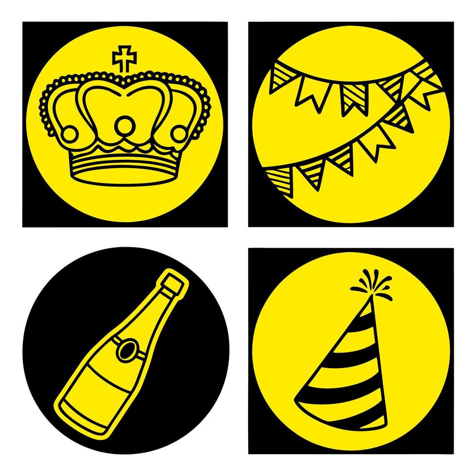 event icon list, anniversary icon with Crown, Champagne Bottle, Garland, vector