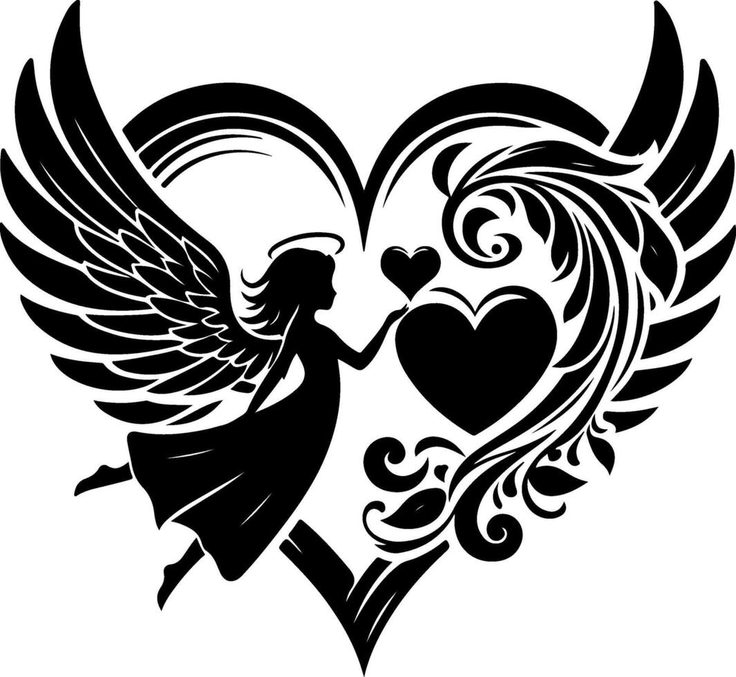 angel tattoo design with heart and wings vector