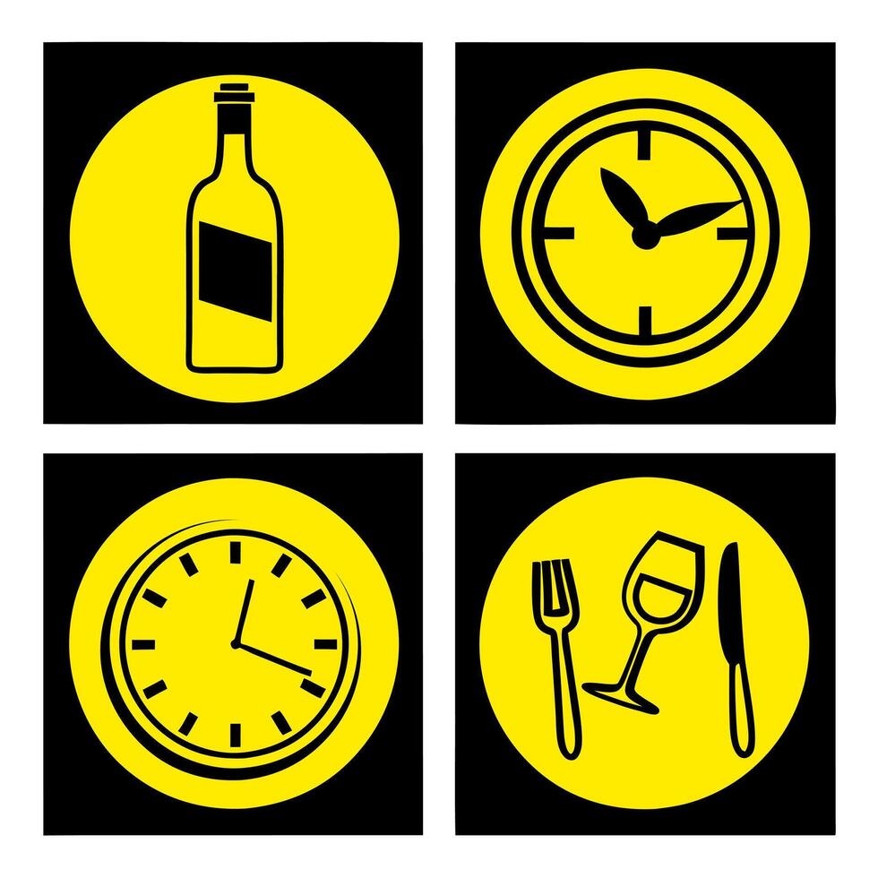 four different icons of a bottle, clock, fork, and knife vector