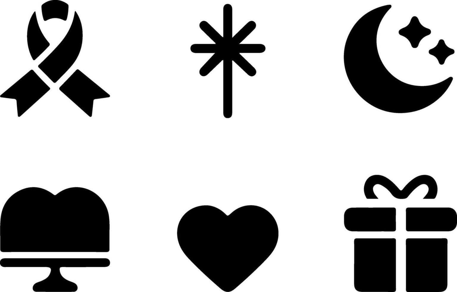 star burst, crescent moon, open book, heart shape, gift box, Black and white icons, minimalist symbols, awareness ribbon, simple graphic design,illustrations vector