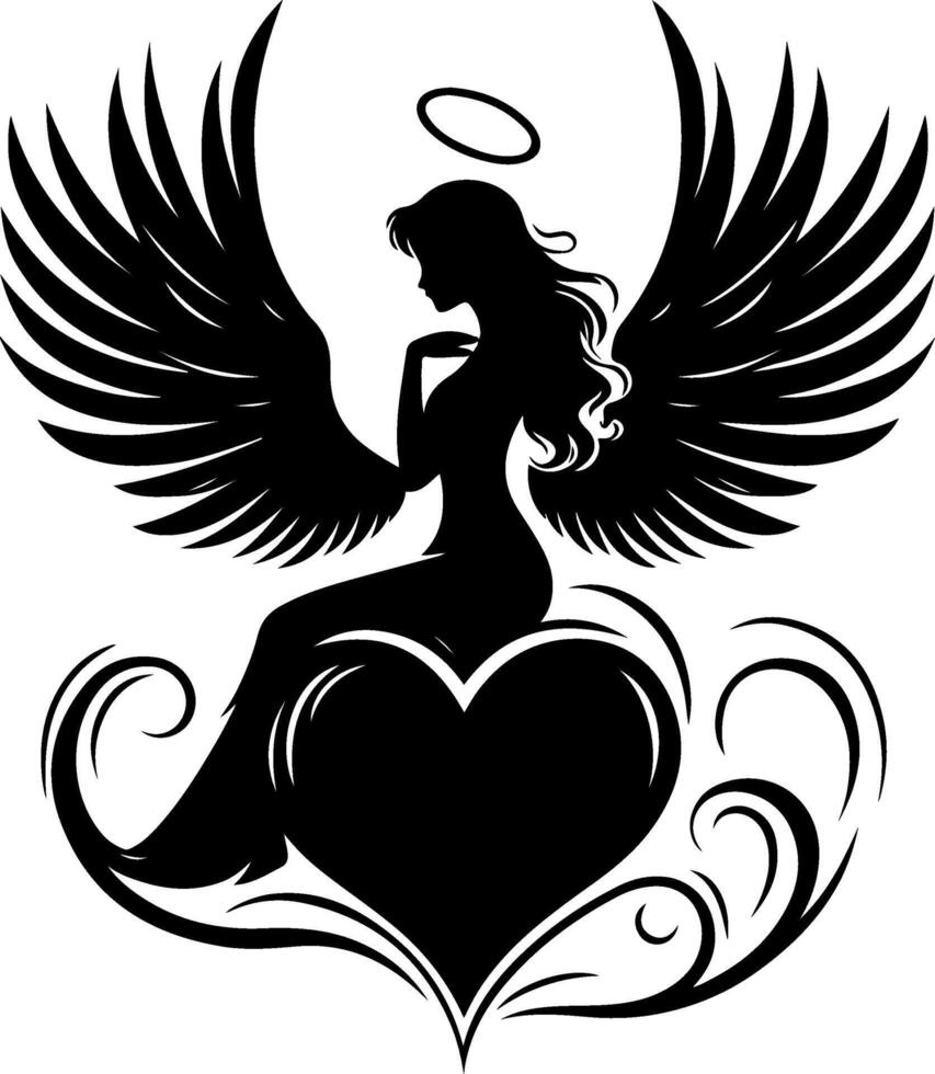 Angelic silhouette, dark winged figure, heart-shaped base, halo glow, divine feminine, vector