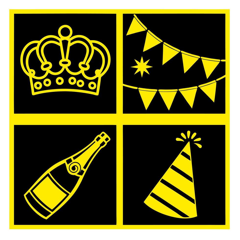 event icon set, anniversary icon with Crown, Champagne Bottle, Garland, Party Hat vector