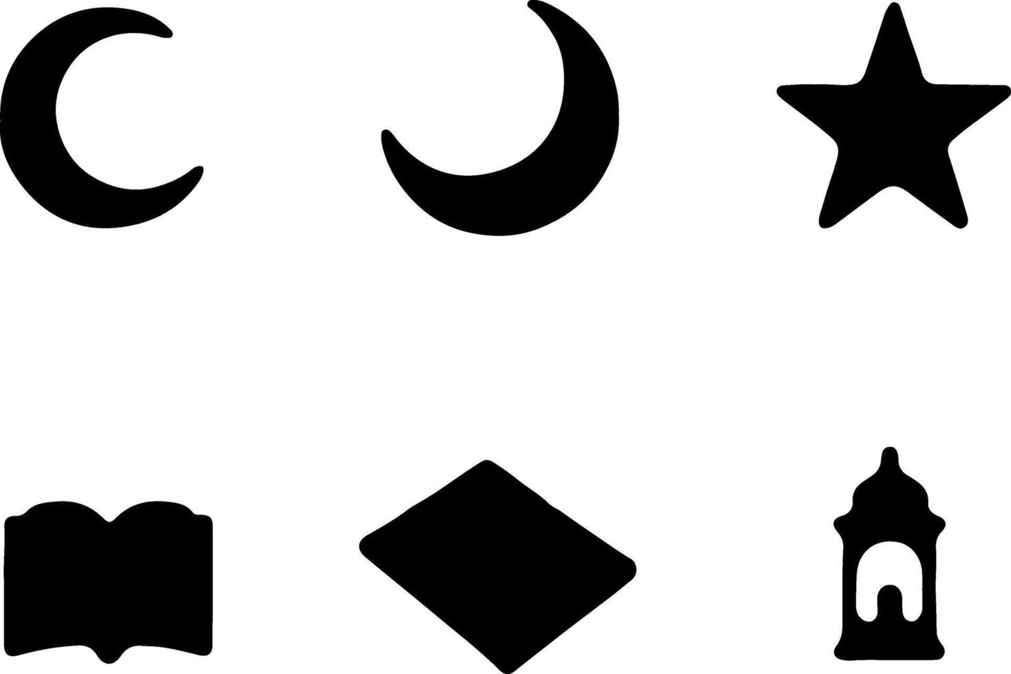 star, open book, diamond, minaret silhouette, Black and white icons, simple geometric shapes, crescent moon, minimalist design, symbolic imagery, religious and cultural motifs vector