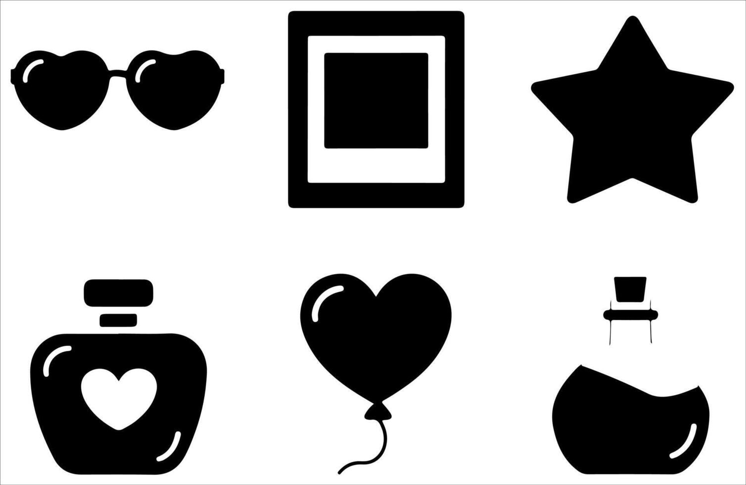 balloon icon, weight scale icon, photo frame icon, minimalist design, Black and white icons, simple shapes, heart symbols, star shape, love-themed elements, vector