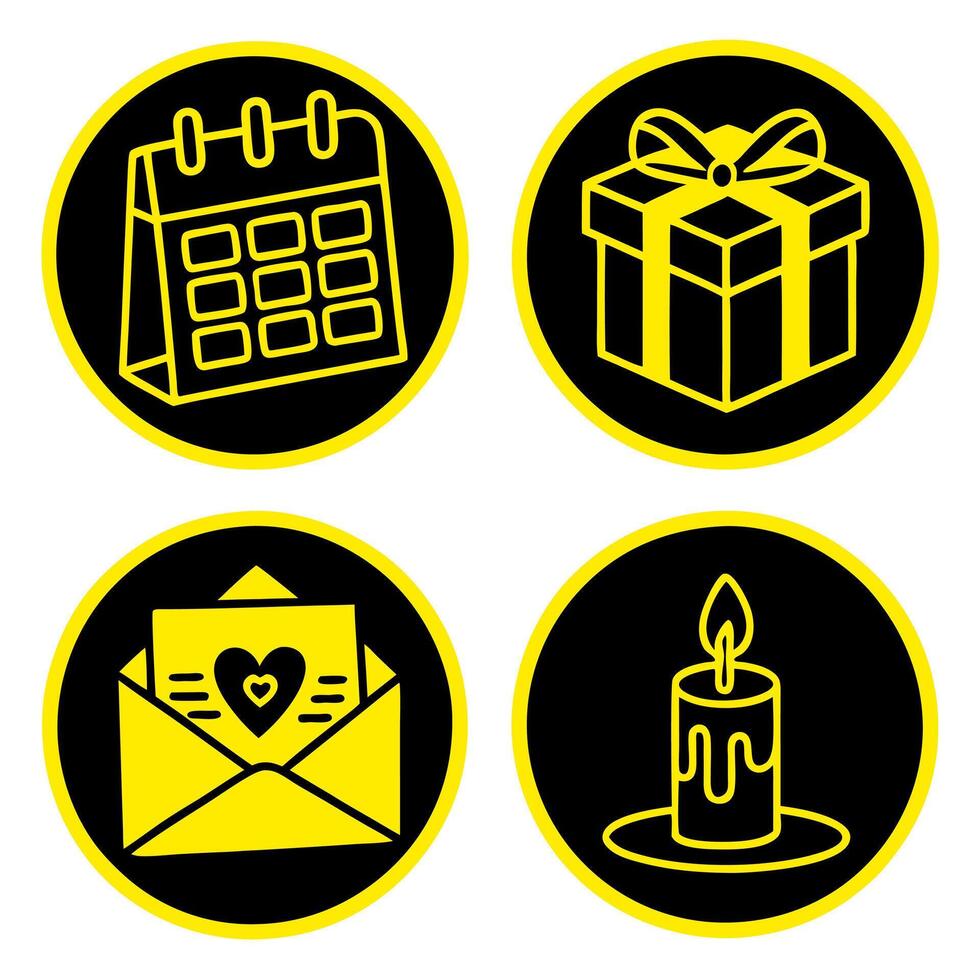 gift box icon, love letter icon,circular design, calendar icon, candle icon, minimalist line art, high contrast, simple shapes, flat graphic style, bold outlines, event planning symbols vector