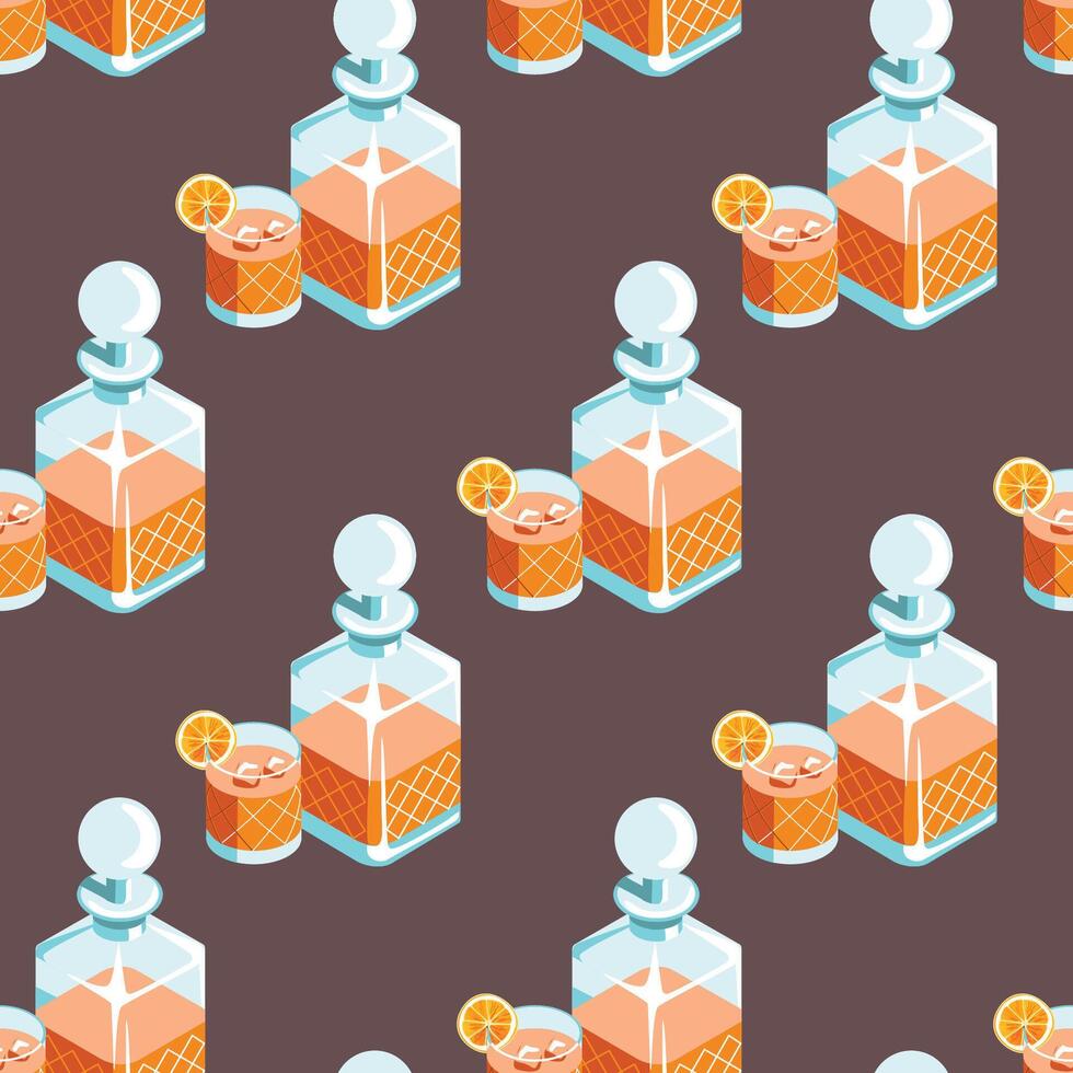Hand drawn seamless pattern of a decanter and a glass of whiskey or brandy cocktail with a citrus orange slice vector