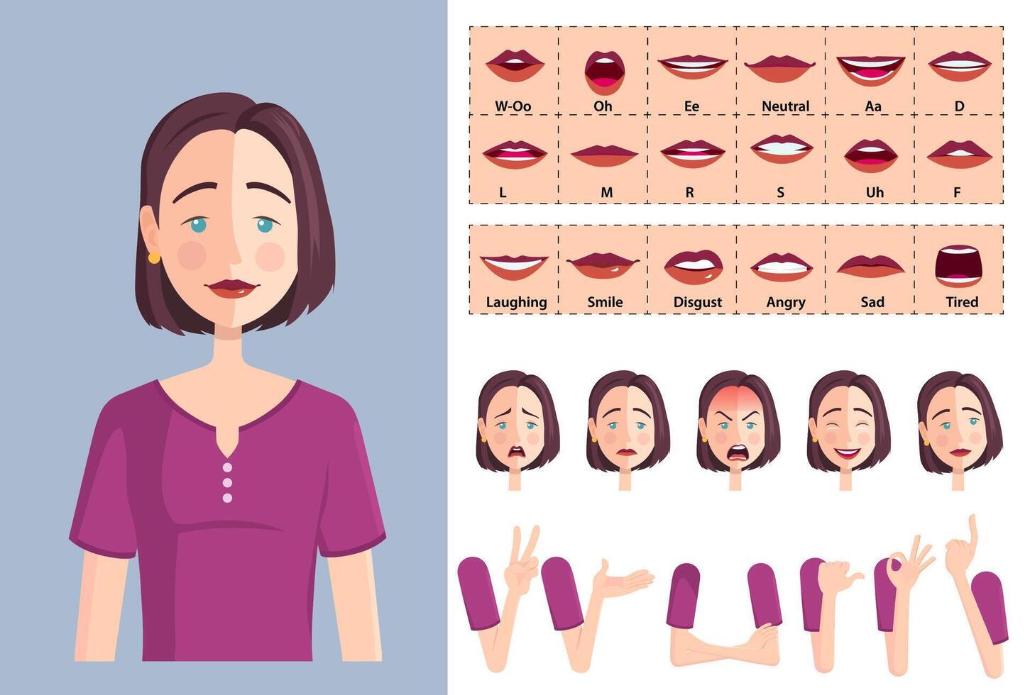 Stylized Young Woman Character Face Animation, Lip-sync, Hand Gestures and Expressions. Premium File, Woman in Formal Shirt Illustration vector