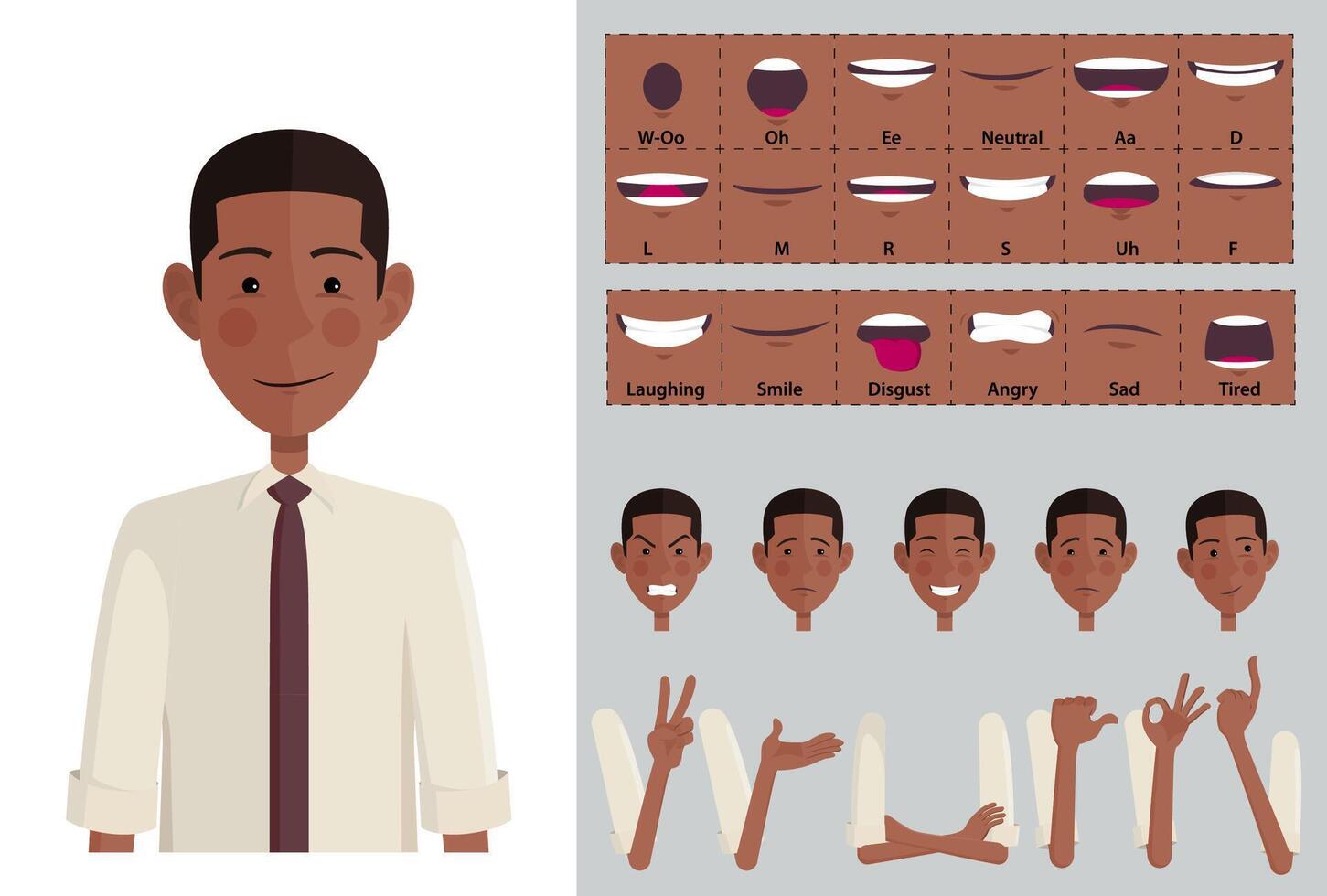 Stylized Cartoon Black Man Character Face Creation, with expressions, Lip-sync, Hand Gestures and emotions. Ideal for Animations, Presentations and posing, Flat Design, Illustration vector
