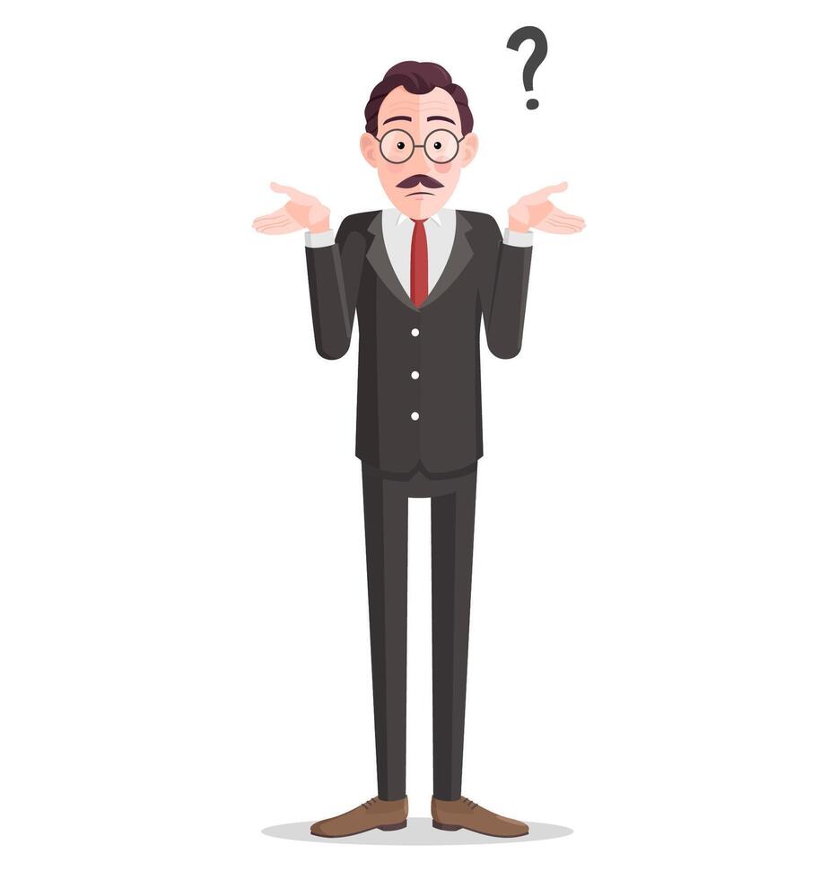 Cartoon Business Man Confused And Shrugging His Shoulders with Question Mark Illustration vector