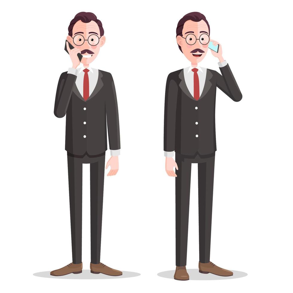 Cartoon Businessman Character Answering Phone Call. Businessman Talking on Smartphone and Smiling, Front and Side view , Isolated Illustration vector