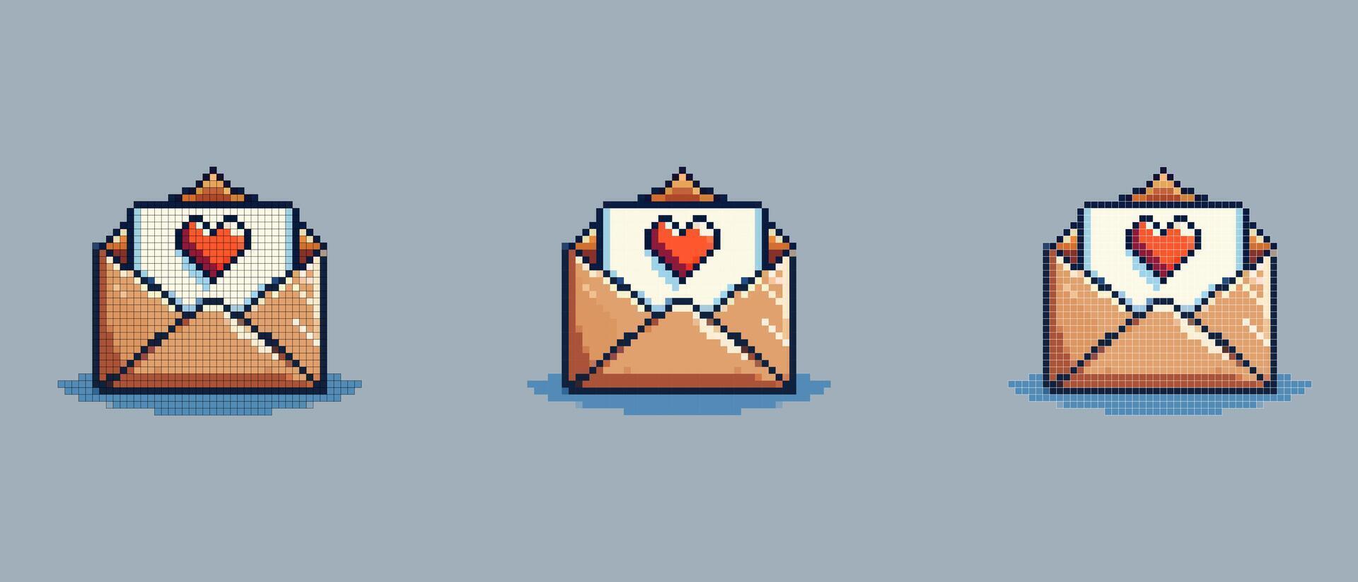 Pixel art of an open envelope with a white letter inside adorned with a red heart, on a light blue background, symbolizing Valentine's Day. vector