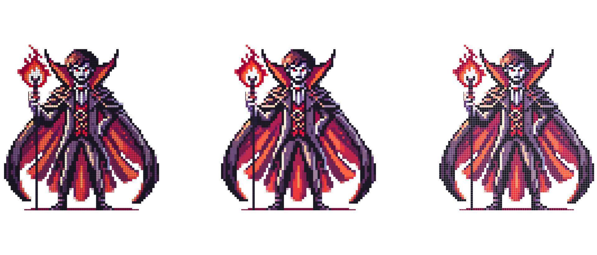 Pixel art depiction of Count Dracula in a dark cloak holding a staff with a fiery orb standing confidently against a white background vector