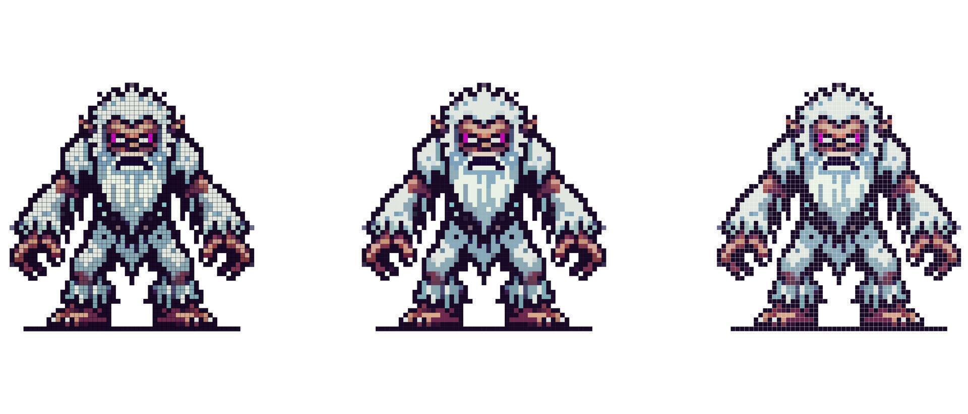 Pixel art Yeti standing confidently with muscular build and fierce expression against a white background vector