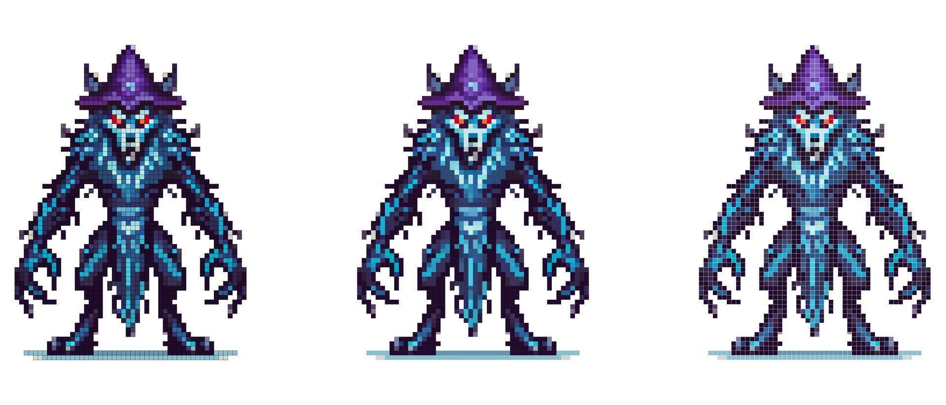 Pixel art werewolf standing confidently with muscular build and fierce expression against a white background vector