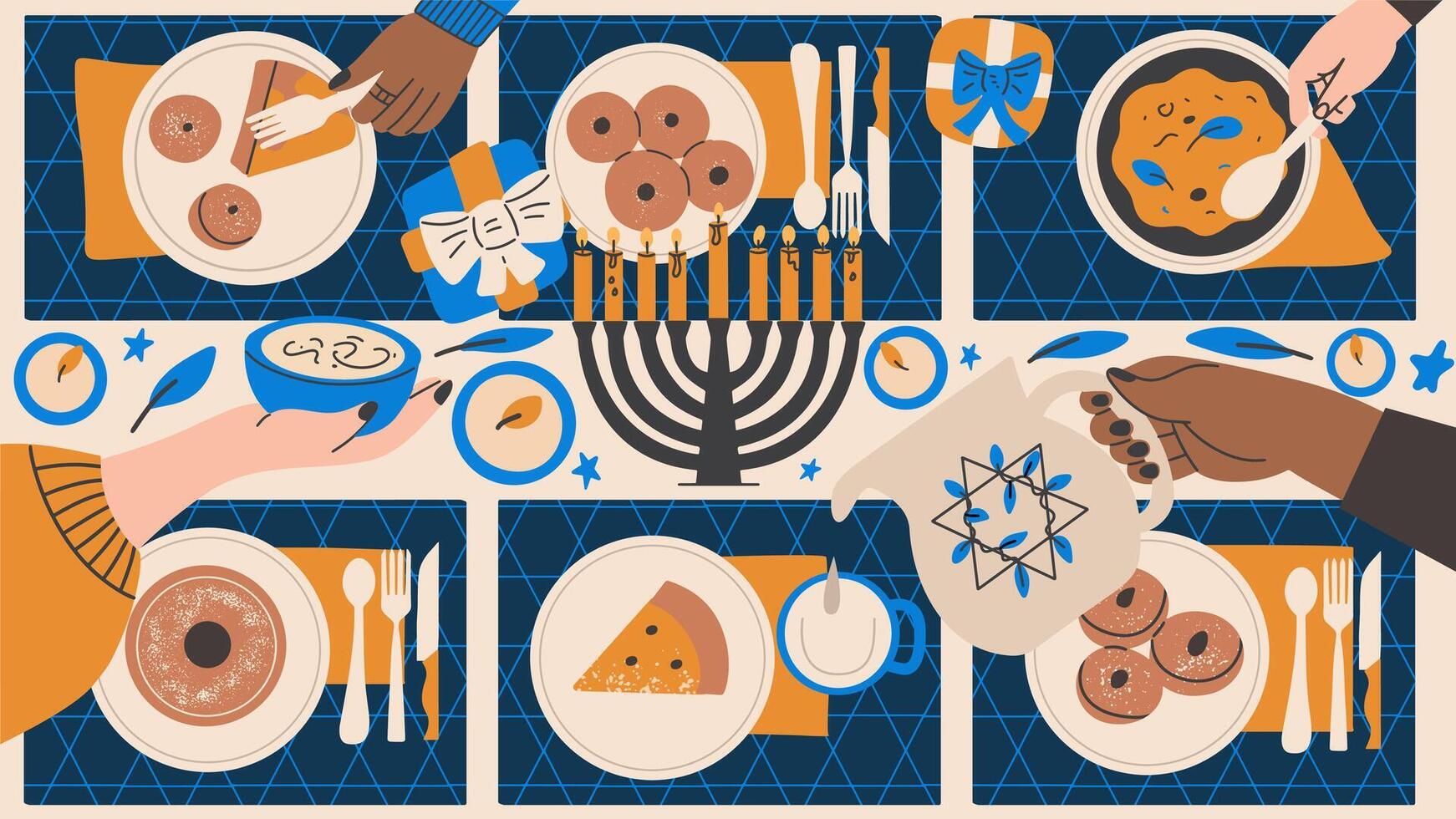 Happy Hanukkah family dinner. Traditional symbols of the holiday, festive meals. Hand draw illustration. vector