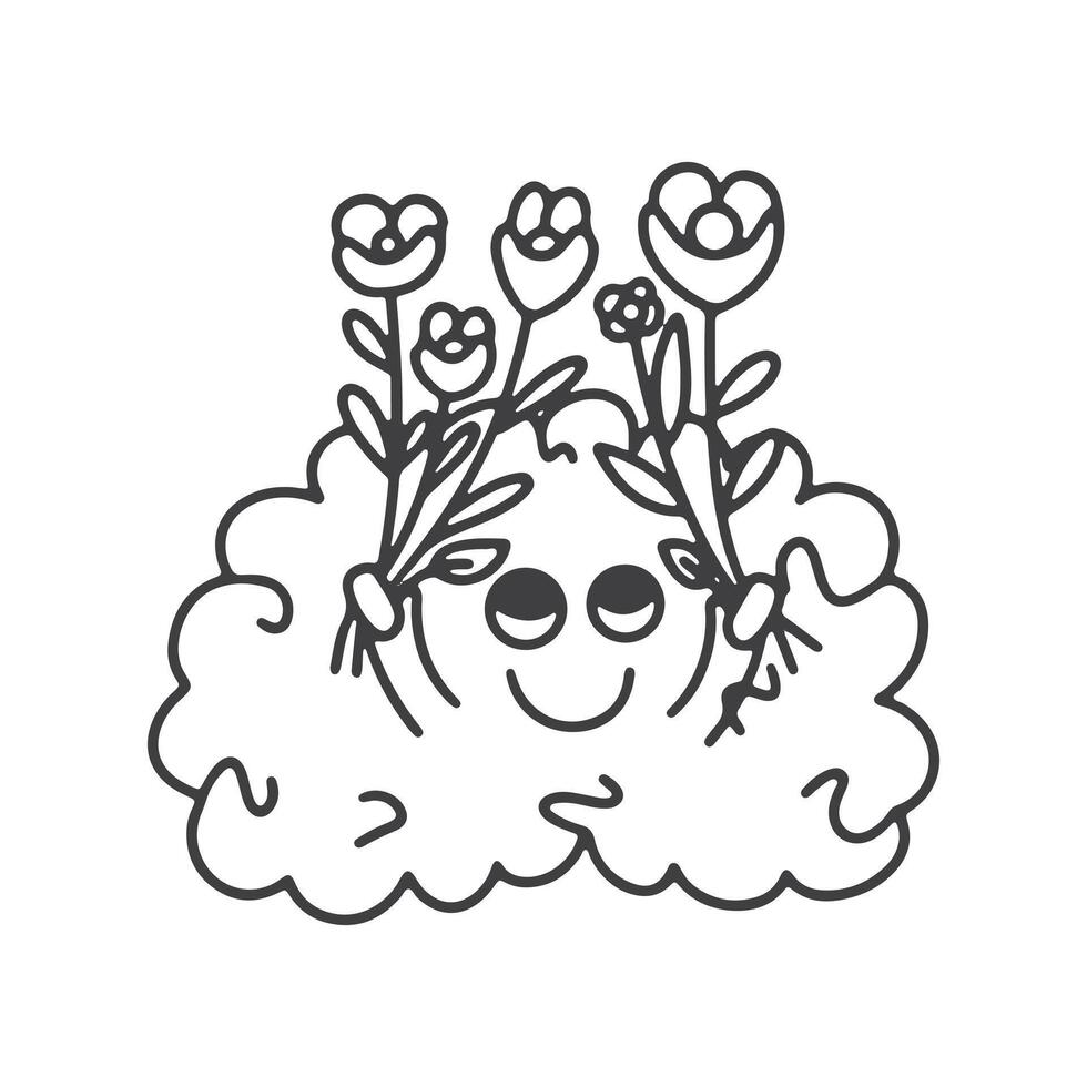 Mental health concept. Doodle brain character with flowers. Recovery concept. outline illustration. vector