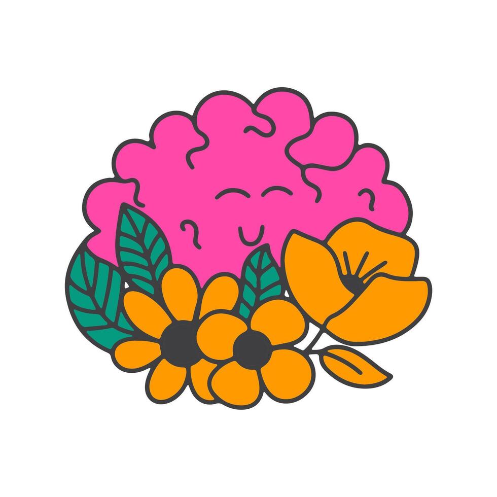 Mental health concept. Brain with leaves and flowers. Recovery concept from mental disorder. illustration vector