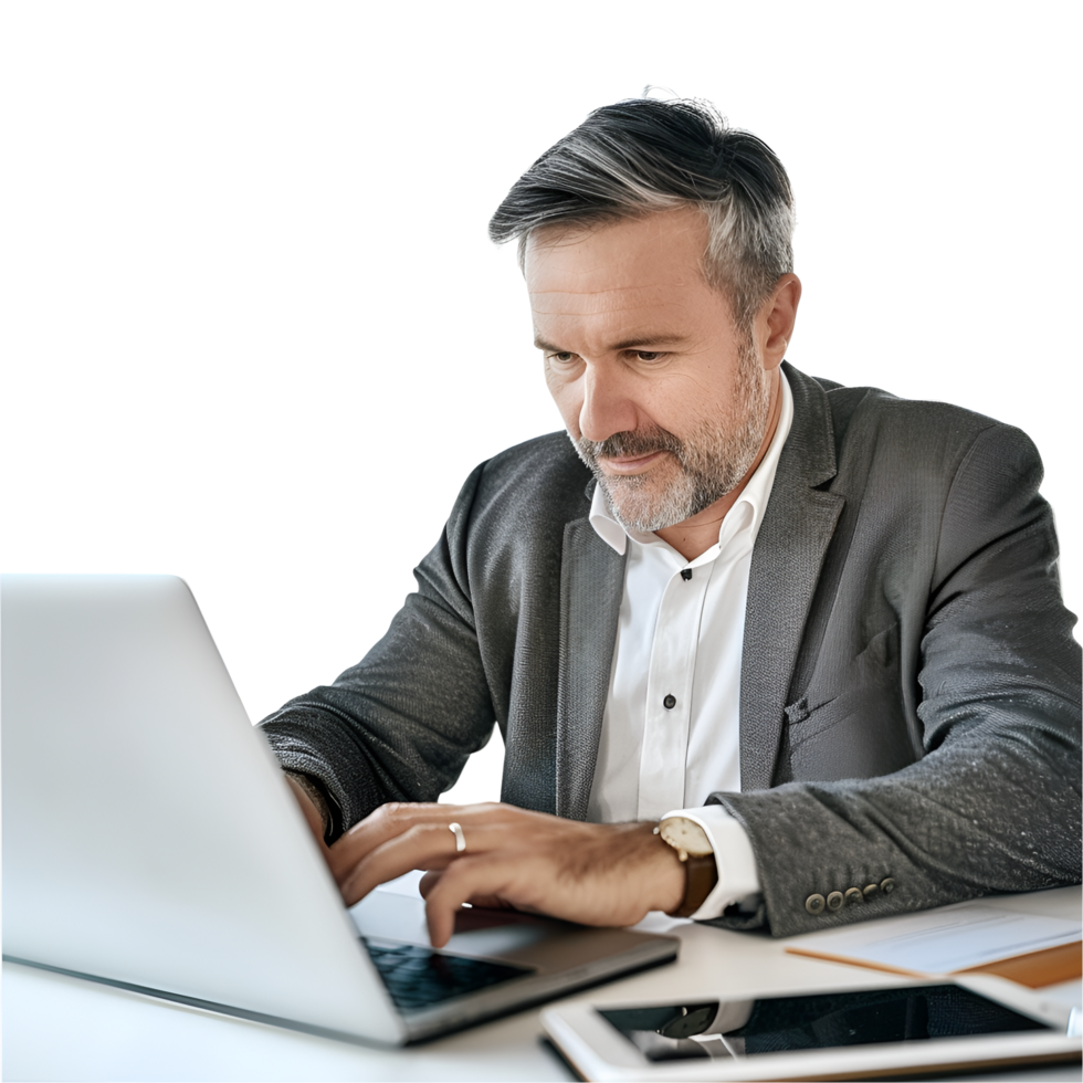 a man in a suit is working on his laptop png