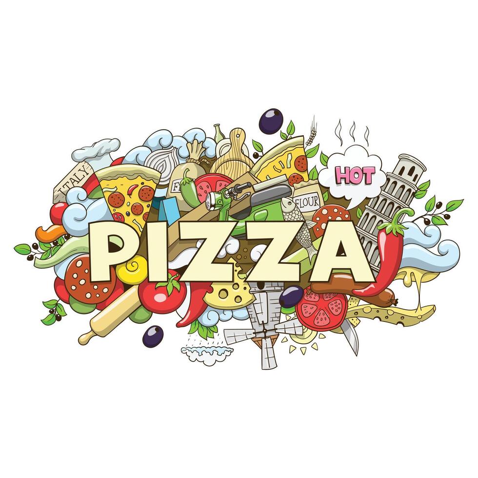 Pizza hand drawn title design colorful illustration vector