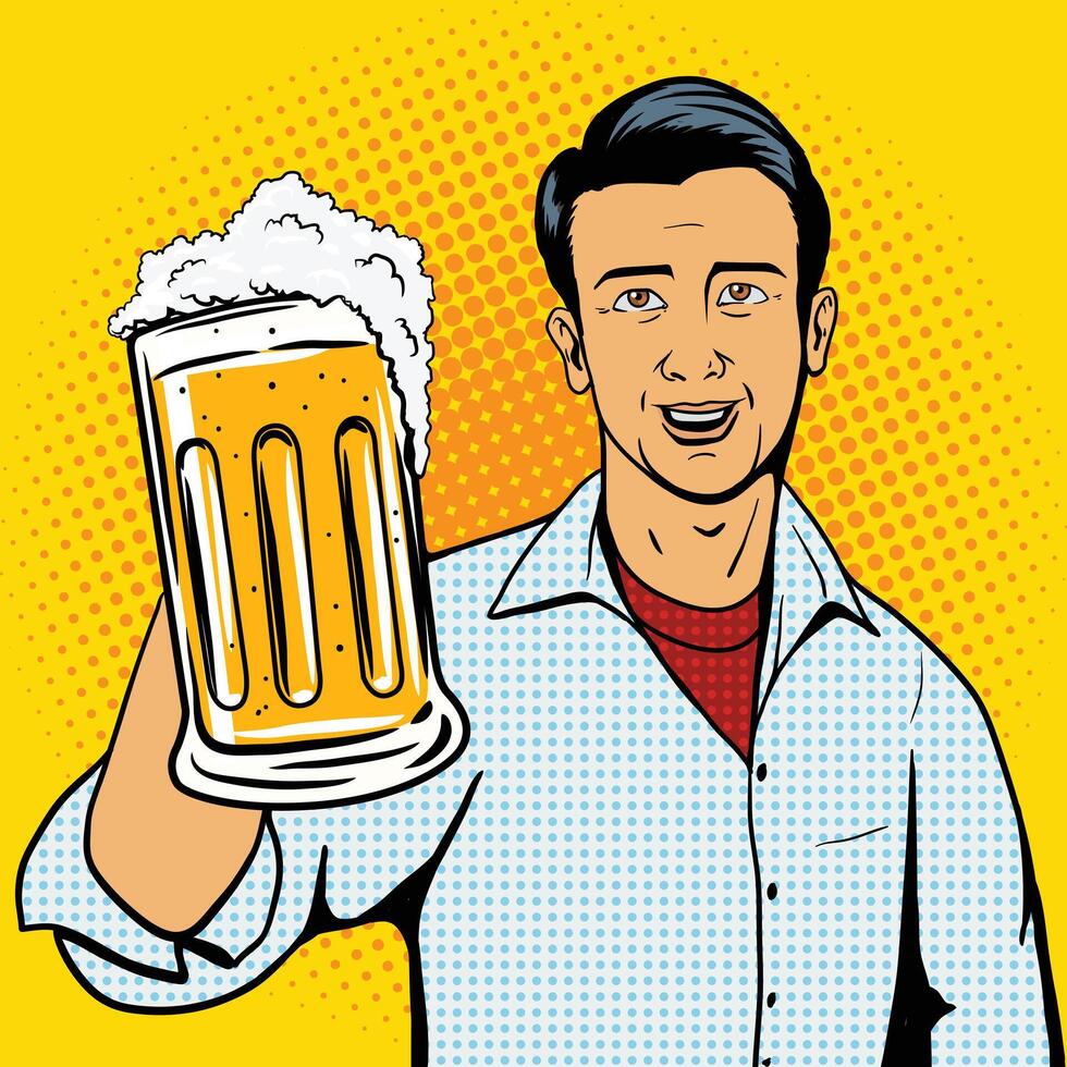 Man offers beer cup pop art style illustration. Comic book style imitation vector