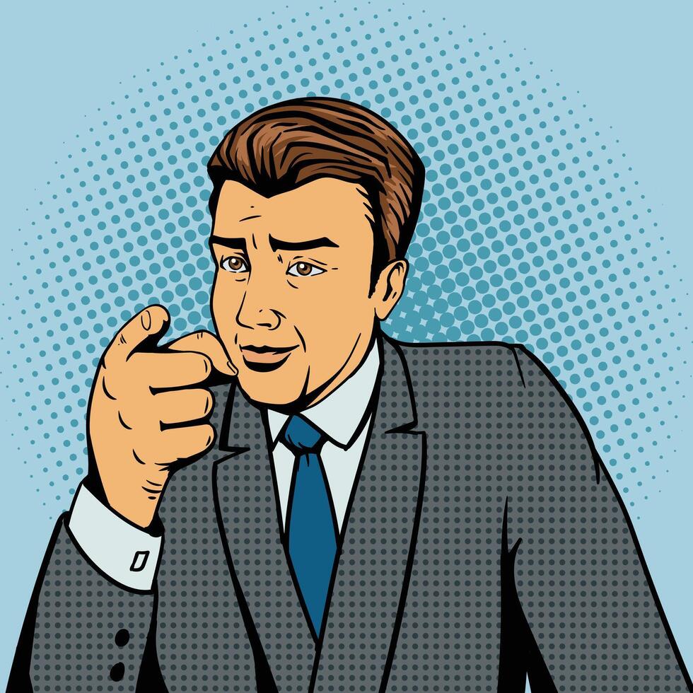 Man pointing forward by finger pop art style illustration. Comic book style imitation vector