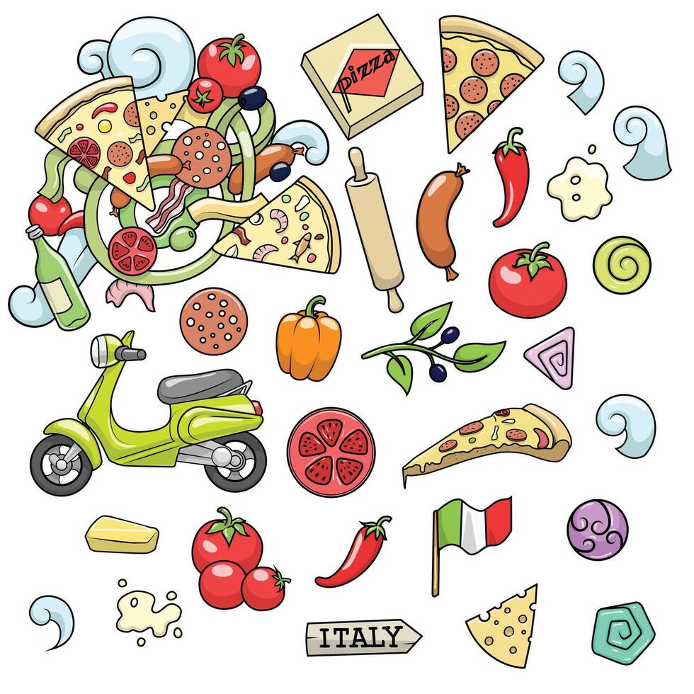 Pizza ingridients colorful on white background design illustration vector
