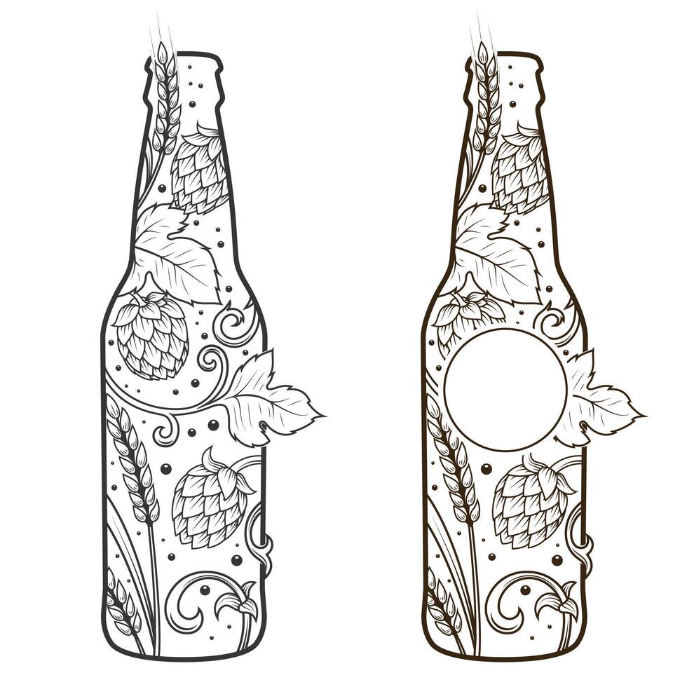Beer bottle abstract ornament illustration. Engraving style vector