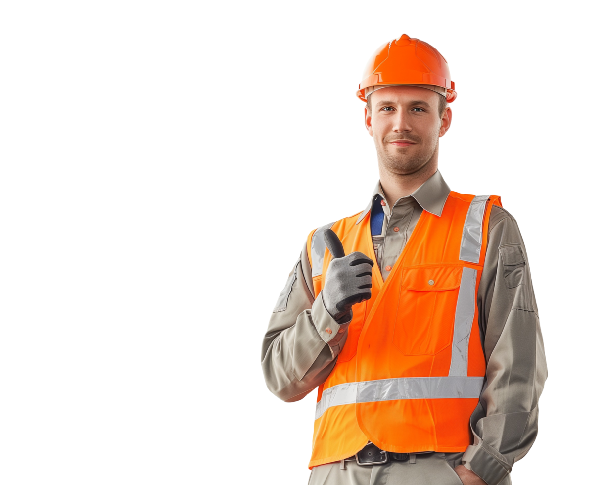 a man in an orange vest and hard hat png