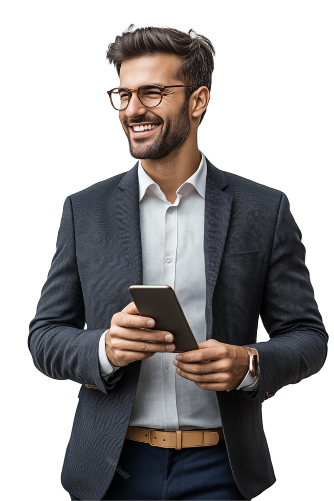 business man in suit holding a tablet png